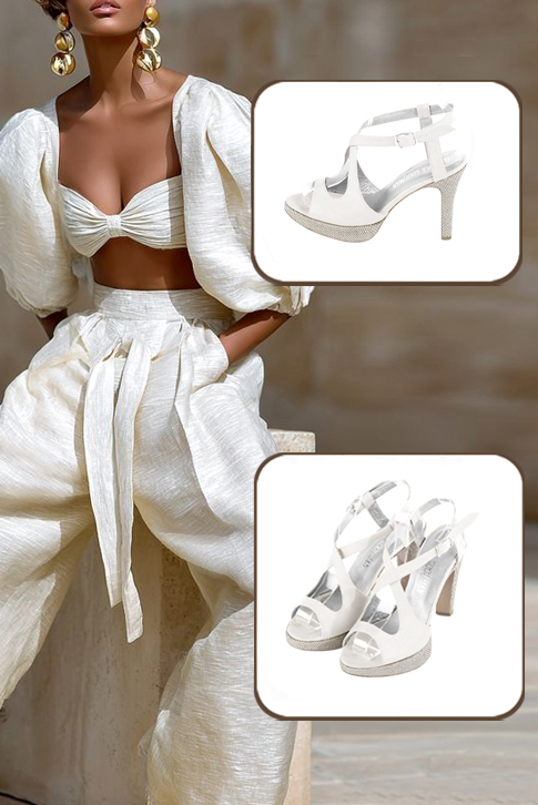 Women's pure white elegant cross straps sandals. Round toe. High slim heel with a platform at the front - Top view